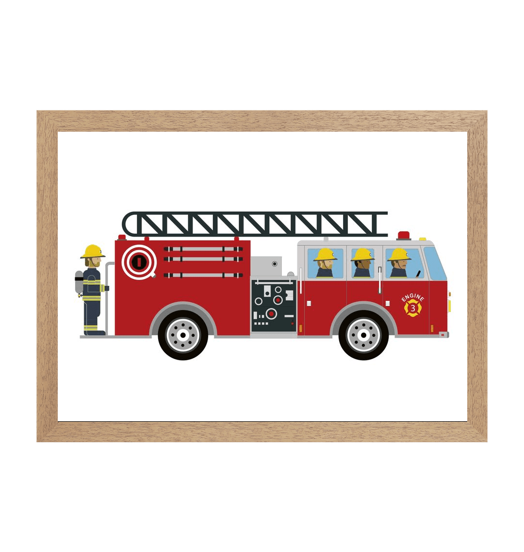 Natural Frame Children's Fire Engine Print