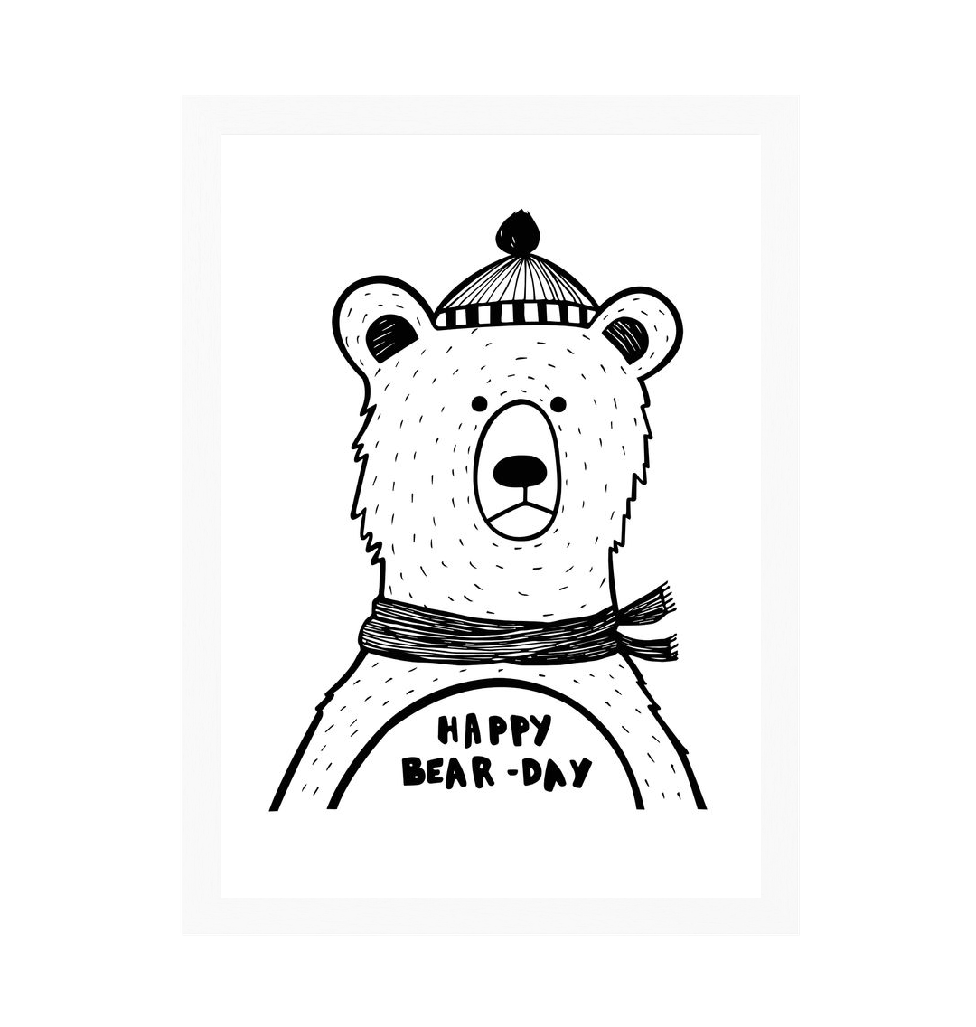 White Frame Happy Bear-day Print