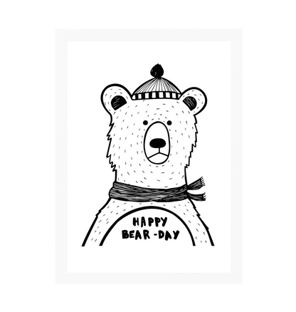 White Frame Happy Bear-day Print