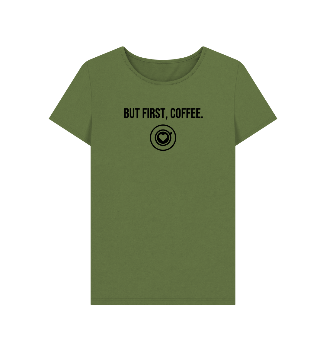 Khaki But First, Coffee Quote Scoop Neck T-shirt
