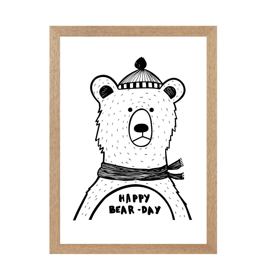 Natural Frame Happy Bear-day Print