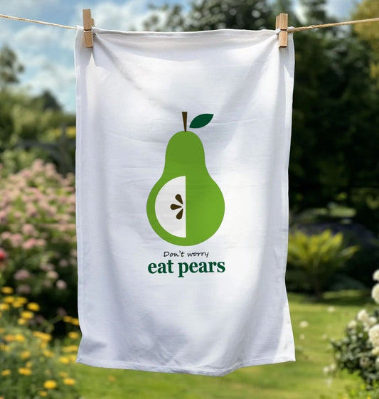 Don't worry, eat pears tea towel